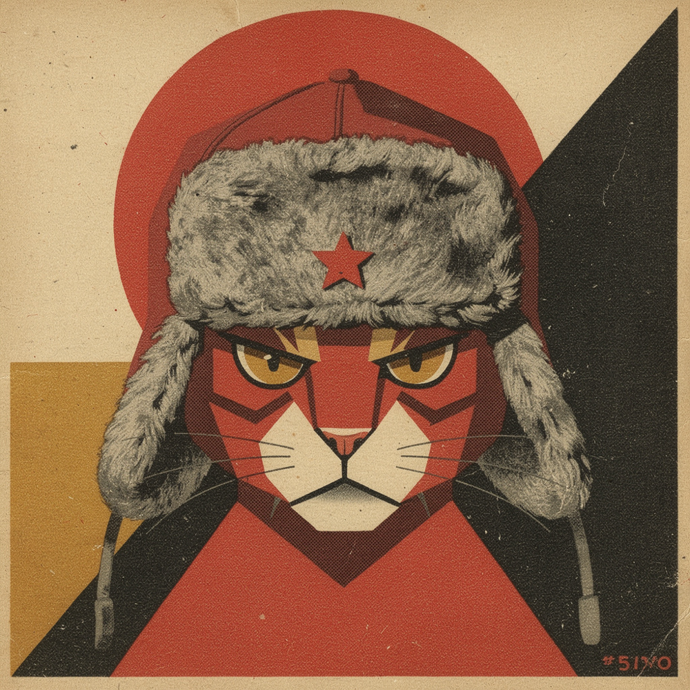A stylized poster portrait of a grey tabby cat wearing a fur ushanka hat with a red star